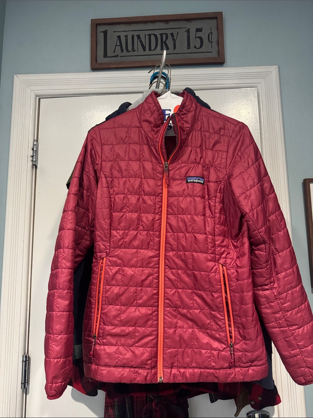 Patagonia Women's Dark Pink Quilted Puffer Jacket with Orange Trim
